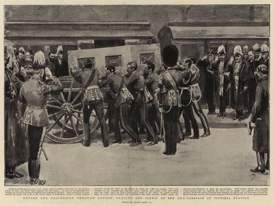 Avant la procession à travers Londres, plaçant le cercueil sur le chariot à canon à la gare Victoria - Frank Dadd